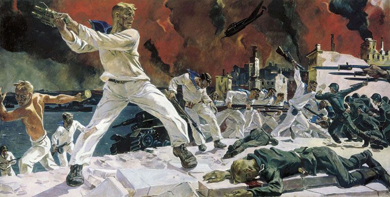 Tropas soviéticas de Sevastopol repeliram a ofensiva fascista e defenderam a cidade da costa do Mar Negro. Pintura de Alexandr Deineka, 1942