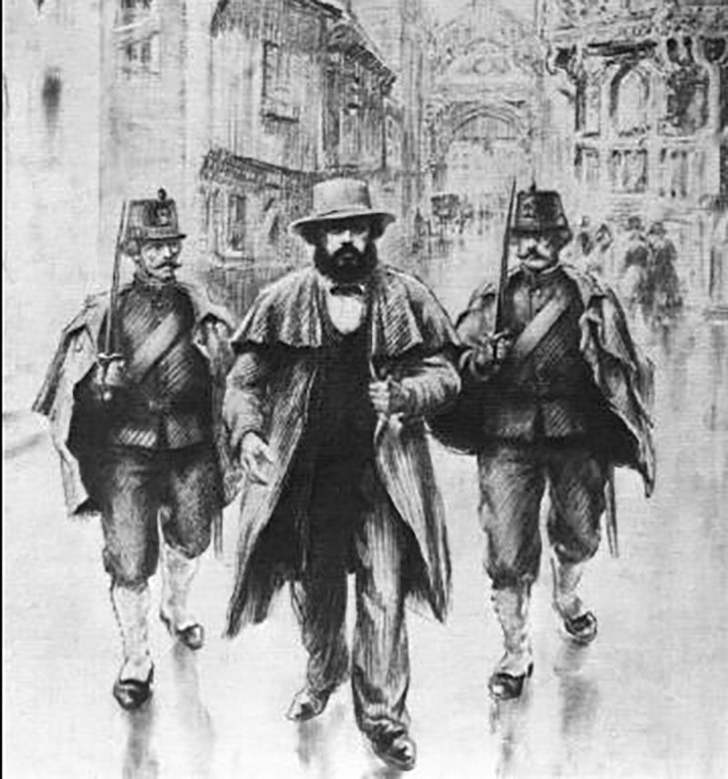 Marx sendo reprimido por policiais renanos após publicar artigos críticos ao governo da Prússia, 1842